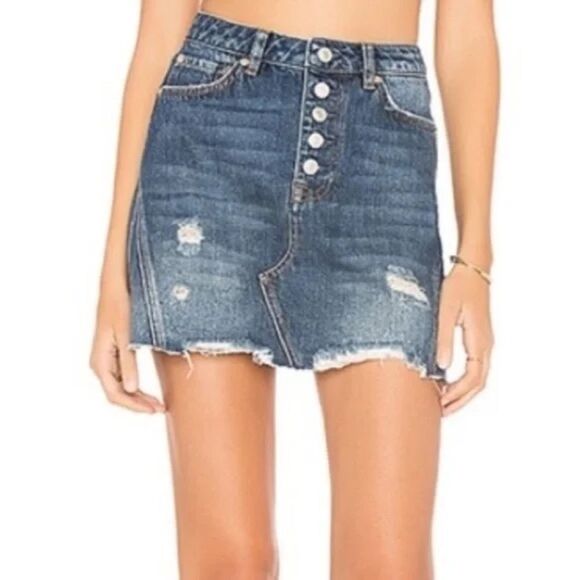 FREE PEOPLE | We The Free Harvey Denim A-Line Mini Skirt Distressed Size 28 - Picture 2 of 10
